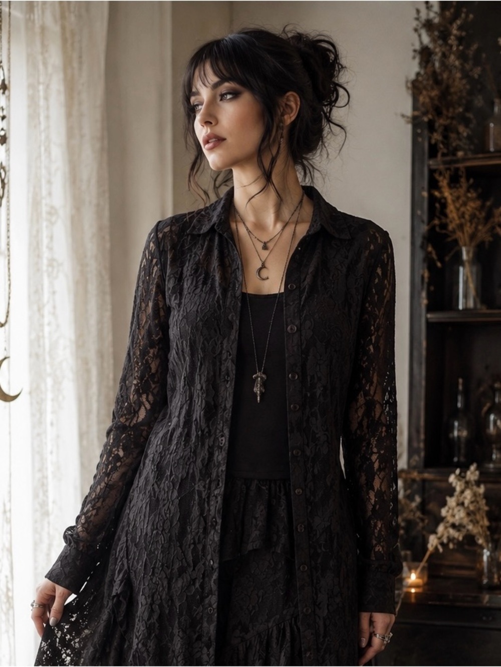 Black Whimsigoth Floral Lace Dress Duster Bubble Hem Med Witchy Boho Indian Made